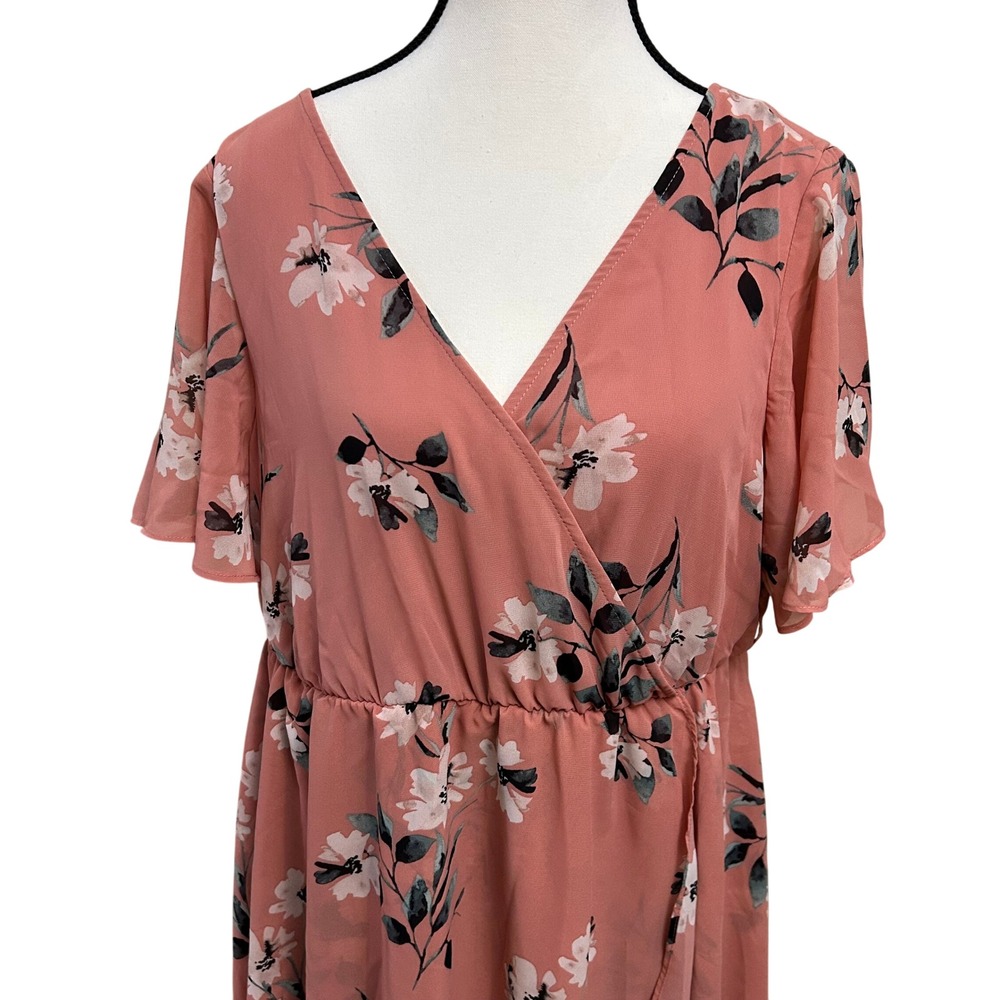 Torrid Floral Chiffon‎ Wrap Dress Plus Size 0 Short Sleeve Blush Pink No Belt - Picture 5 of 10